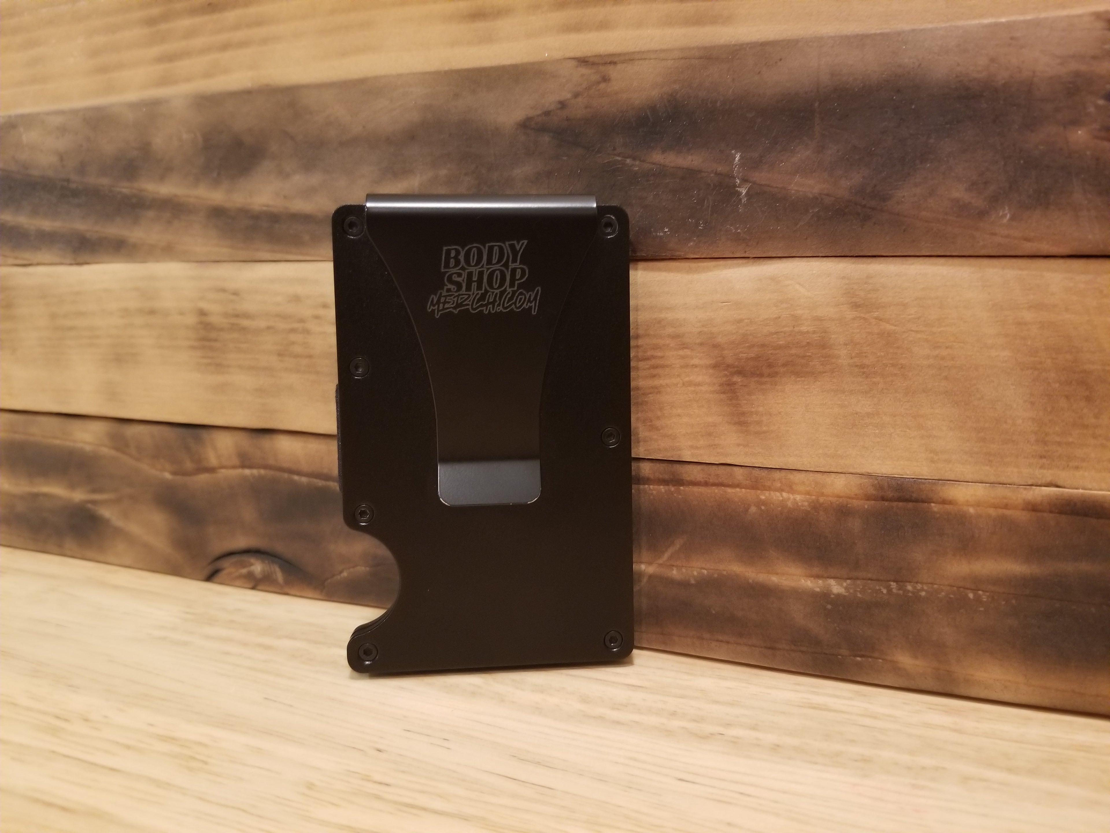 Black Lightweight Aluminum Wallet featuring Body Shop Merch branding
